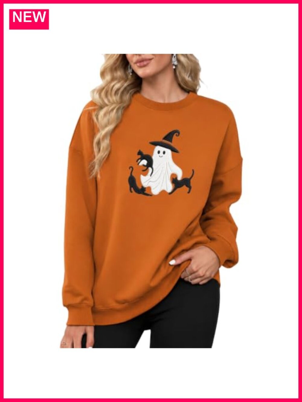 Halloween Sweatshirt Cute Ghost Cat Embroidered Pullover Crew Neck Fall